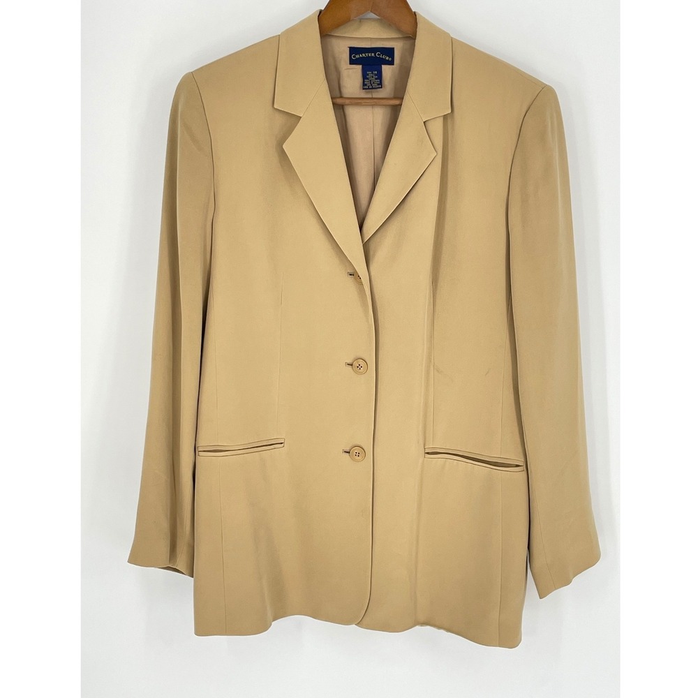 Charter Club Tan 100% Silk 3-Button Blazer Jacket Womens Size 14 Camel Neutral